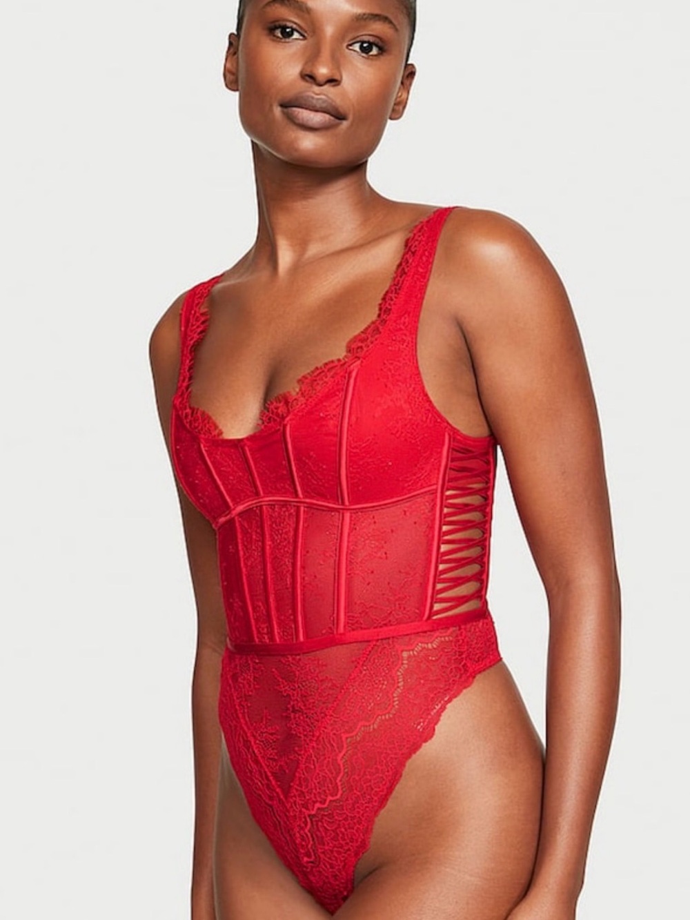 Victoria's Secret Red Lace Bodysuit Teddy with Corset Detail
